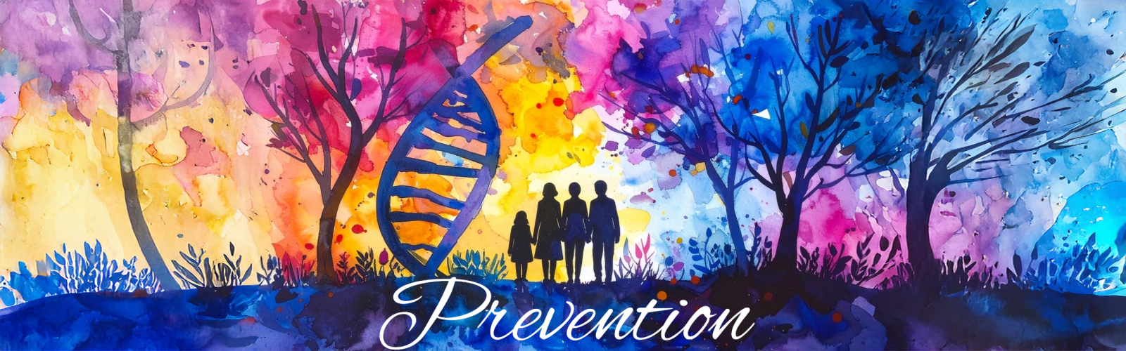 A silhouette of a family stands in a bright watercolor image of a forest. One tree resembles a double helix.