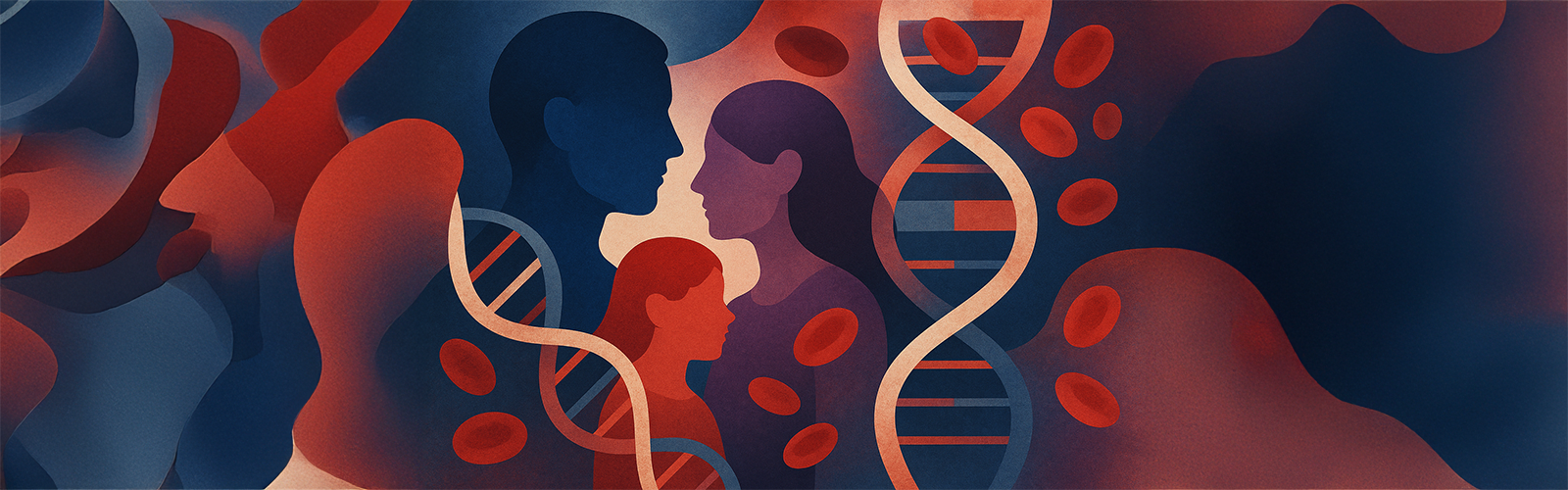 Cartoon image of a family, red blood cells, and DNA