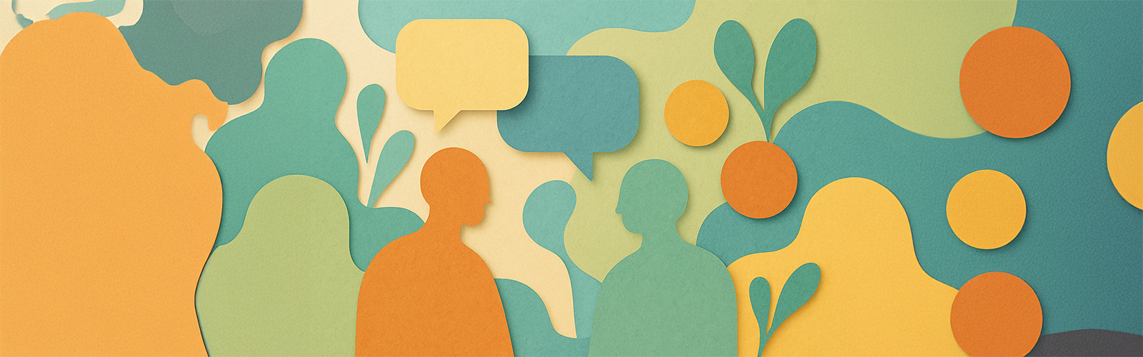 Paper-cut artistic style depicting two people communicating with text bubbles.