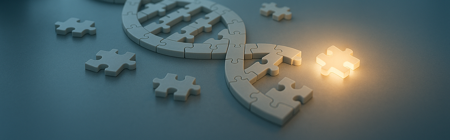 Several puzzle pieces come together to form a double helix. A single glowing piece doesn't fit.