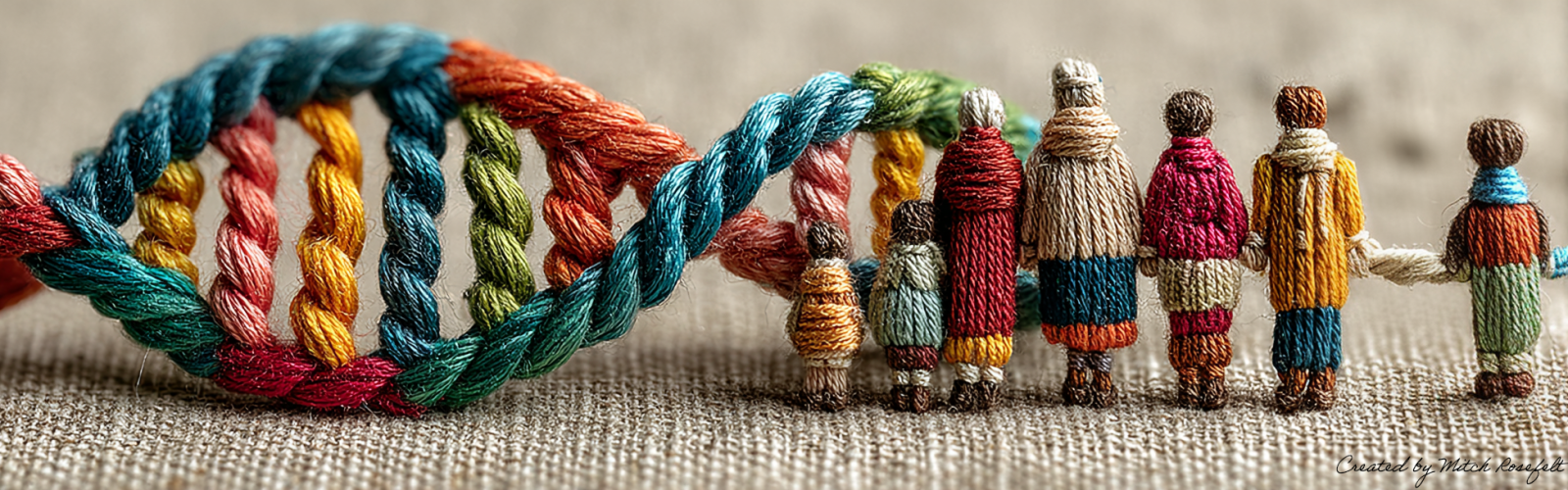 A yarn image of a family and a DNA double helix.