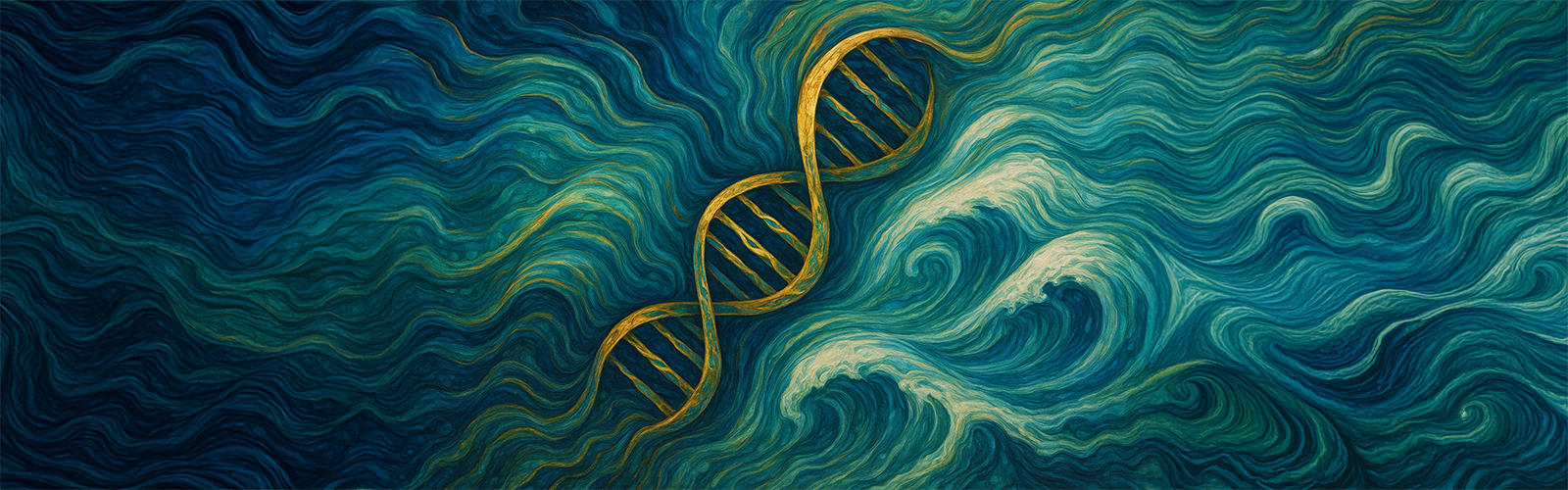 An acrylic computer generated image with waves alongside a floating golden DNA double helix.
